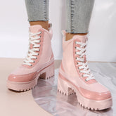 Platform Chunky Heel Warm Booties Lace Up Fur Lining Ankle Boots Oshnow